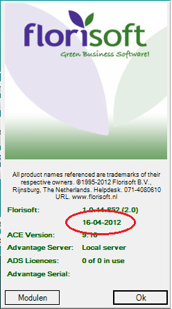 Is de update gelukt? Om te checken of de update is gelukt drukt u nu met de linkermuisknop op het Florisoft logo in het navigatie scherm van florisoft. Dan ziet u het volgende scherm een datum staan.