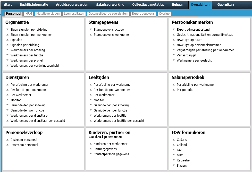 12. Diverse overzichten 1 1. Klik op het tabblad 'Overzichten' om te zien van welke onderwerpen er overzichten beschikbaar zijn. Kies bv. Personeel : 2.