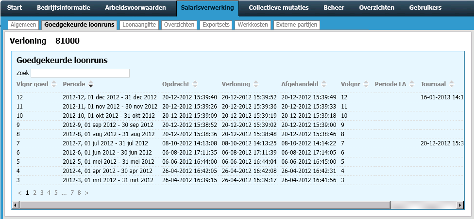 4. Ophalen loonoutput 1. Klik op Salarisverwerking en kies voor goedgekeurde loonruns : Een nieuwe pagina wordt geopend: 2. Klik op de betreffende periode.