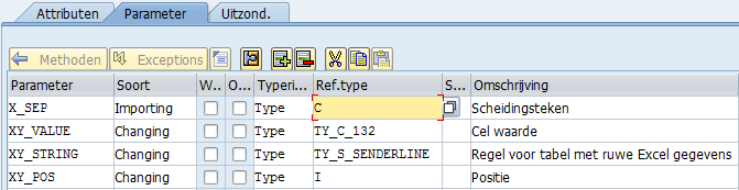 Met de bijbehorende ABAP code METHOD convert_line2cell. DATA: l_string TYPE ty_s_senderline, l_pos TYPE i, l_cell TYPE ty_s_ex_tabcell VALUE IS INITIAL. "Overname van de gegevens l_cell-row = x_tabix.