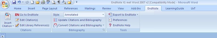 3 HET GEBRUIK VAN MICROSOFT WORD EN ENDNOTE Indien eerst Word 2007 is geïnstalleerd en daarna EndNote, ziet u na het opstarten van Word een tabblad EndNote.