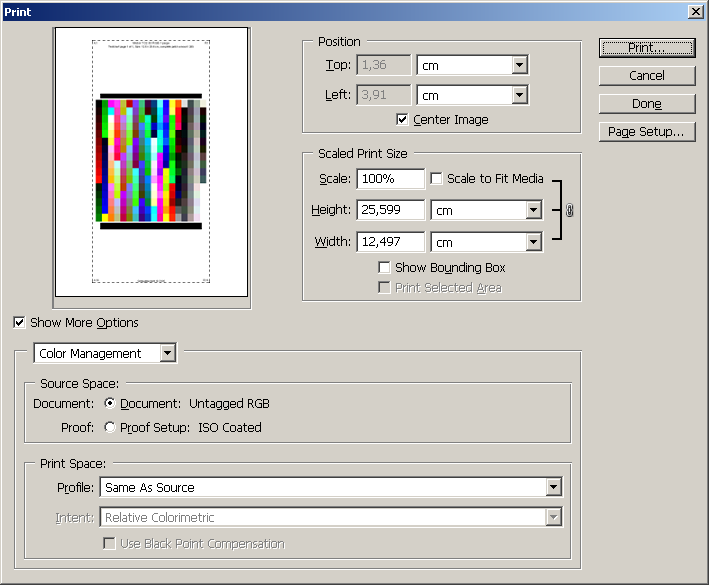 Printen met Profielen - Adobe Photoshop - Pagina 11 van 20 3.2.2 Photoshop 7, 8 (CS) Kies in Photoshop File > Print with Preview... (Bestand > Afdrukken met afdrukvoorbeeld.