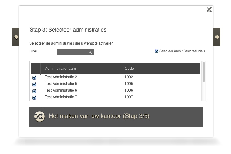 Afbeelding 4: koppelen administraties In dit scherm geeft u aan welke administraties gekoppeld moeten worden in Basecone.
