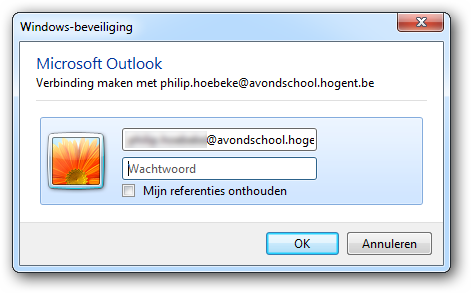 Klik op Voltooien als de procedure is voltooid Outlook vraagt om opnieuw op te starten Klik op OK Bij het heropstarten van Outlook zal Outlook nogmaals het wachtwoord vragen Typ het wachtwoord en