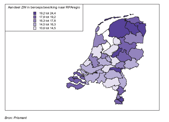 Figuur 5: Het aandeel banen van Zorg en Welzijn tov totaal aantal banen (2005) 3.