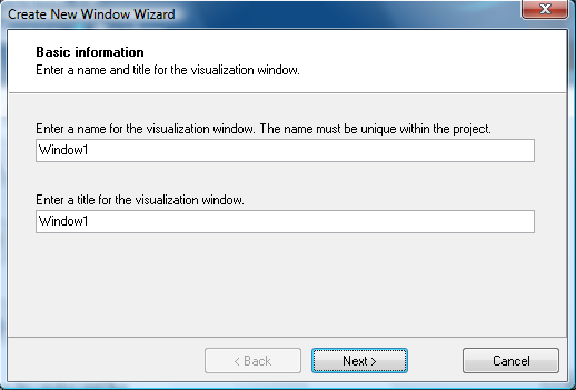 3.2 Een nieuw venster maken Kies om een nieuw visualisatievenster te maken voor de optie New Window in de toolbar van de Window Manager. De Create New Window Wizard wordt geopend.