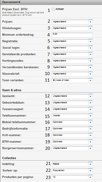 2.1.1.1 Geavanceerd Bij geavanceerd kunt u de belangrijke algehele instellingen voor uw site aanpassen. Prijzen Excl.