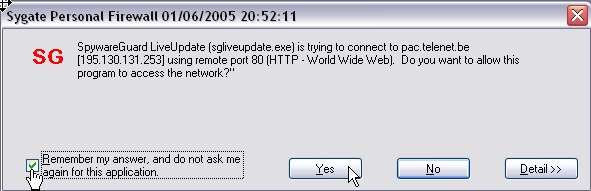 EXE NDIS Kernel Telkens wanneer je vanaf nu een programma, dat gebruik maakt van het Internet, de eerste keer sinds de installatie van Sygate opstart, verschijnt er een venster met de vraag of