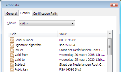 Figuur 7: Correcte weergave SHA256 with RSA encryption algoritme in Windows Vista 3.4.4 Ondersteuning SHA-256 in Mac OS X Op Mac OS X 10.5.3, PowerPC is met succes het nieuwe stamcertificaat en het onderliggende domein CA certificaat toegevoegd aan de sleutelhanger.