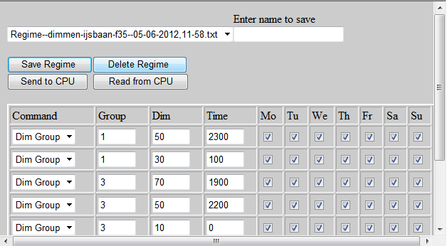 Dag/week regime Config In de CPU kunnen verschillende dag/week dim regimes geprogrammeerd worden. Dit kan met behulp van het Dag/week regime Config menu.