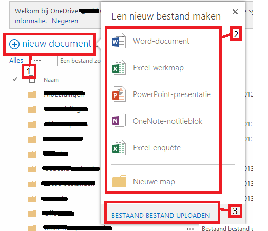 Nieuwe documenten aanmaken en / of bestanden uploaden Via de knop nieuw document kunt u nieuwe office documenten en mappen aanmaken of een bestaand bestand uploaden naar uw