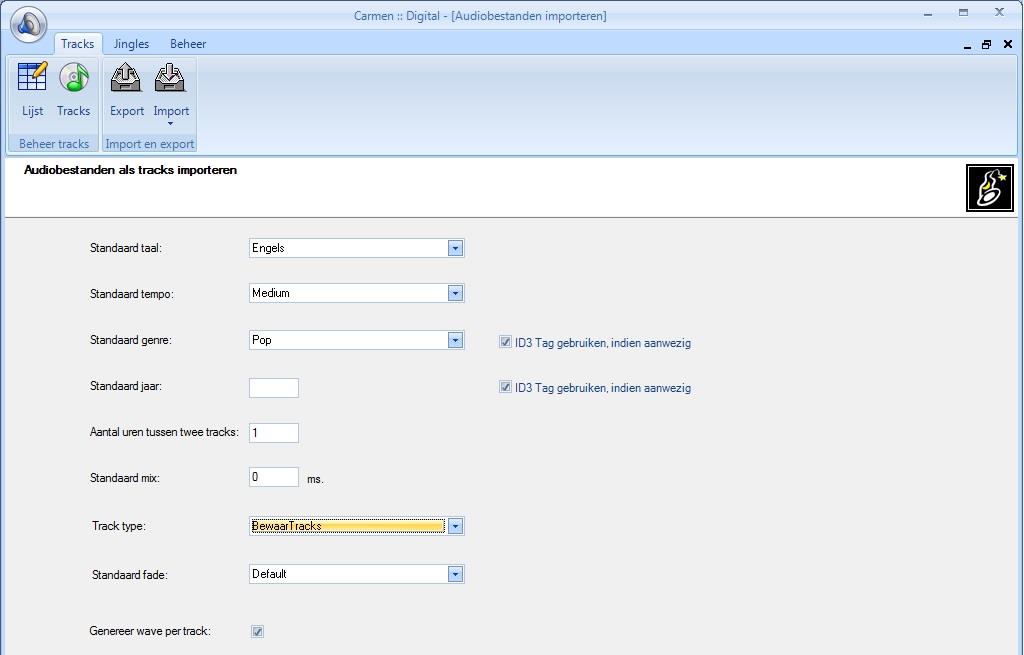 Het venster erna geeft u de mogelijkheid standaard waarden in te voeren, zoals Taal, Tempo en Genre. Een belangrijk veld hier is Track Type.
