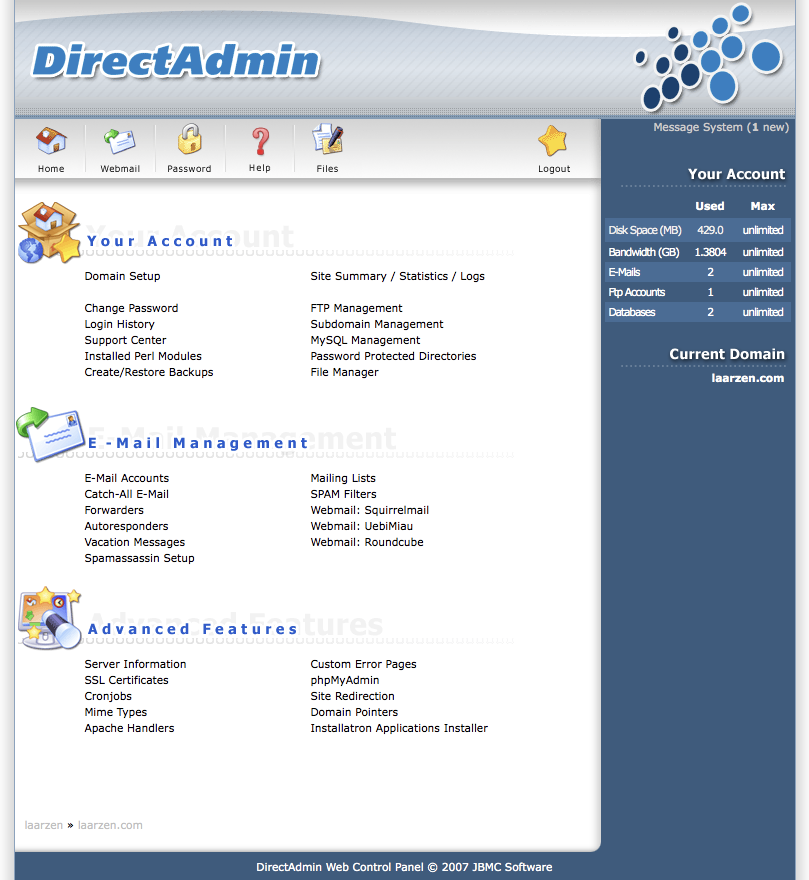 DirectAdmin Je krijgt toegang tot het DirectAdmin panel.