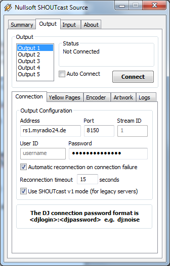 Software-infoblad #WINAMP-DSP 6/12 Stap 2: Parameters instellen - Output Connection Wissel naar subtabblad ''Output'' Voer in de velden Adress, Port en Password je individuele streamgegevens in.