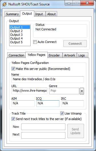 Software-infoblad #WINAMP-DSP 7/12 Stap 3: Parameters instellen - Output Yellow Pages Wissel naar subtabblad ''Yellow Pages'' Name Naam van de radio, DJ of de uitzending.