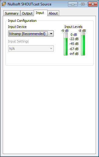 Software-infoblad #WINAMP-DSP 9/12 Stap 5: Parameters instellen - Input Wissel naar het hoofdtabblad ''Input'' Input Device Voor het afspelen en streamen van MP3-titels zonder de toepassing van