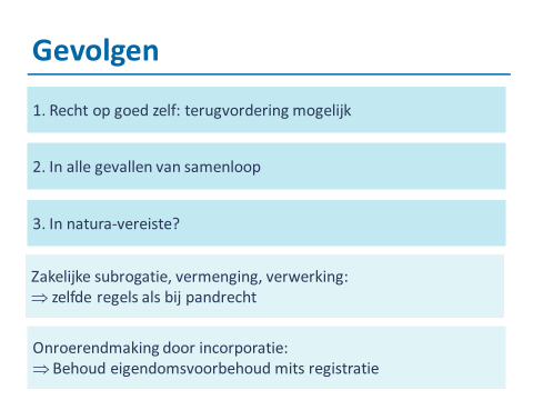 Een tweede strekking (voorkeur prof) zegt dat het eigendomsvoorbehoud een zekerheid is tot betaling van de schuld.