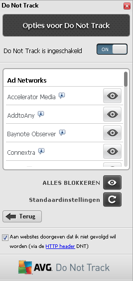 8.3. Tracking-processen blokkeren Met de lijst met alle advertentienetwerken, knoppen van sociale netwerken en services voor webanalyse kunt u nu kiezen welke services moeten worden geblokkeerd.