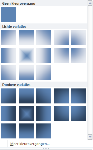 Kies voor Opvullen van vorm: Klik op kleurovergang Voor nog meer variatie klik je op Meer kleurovergangen Kies het aantal kleuren, de