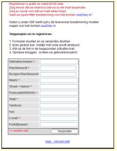 laten toesturen. Voor een nieuwe registratie moet U het volgende doen: 3.1 Ga naar de website www.use2day.nl Kies registreren uit het menu aan de linkerzijde 3.