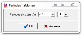 Het volgende venster verschijnt: Hier selecteert u het boekjaar en de periode tot waar u wilt afsluiten. Alle voorliggende periodes worden afgesloten.