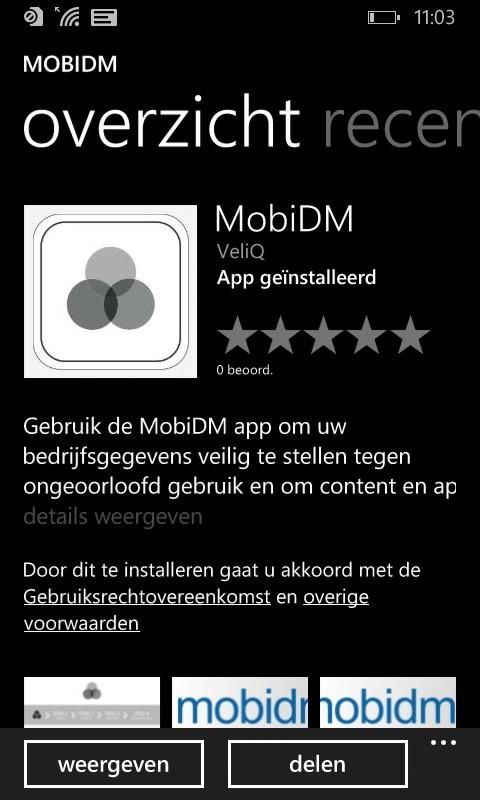 4 1 De MobiDM-app De MobiDM-app maakt deel uit van VeliQ's oplossing voor het beheer van mobiele apparaten en wordt beheerd door de systeembeheerder van uw bedrijf of serviceprovider.