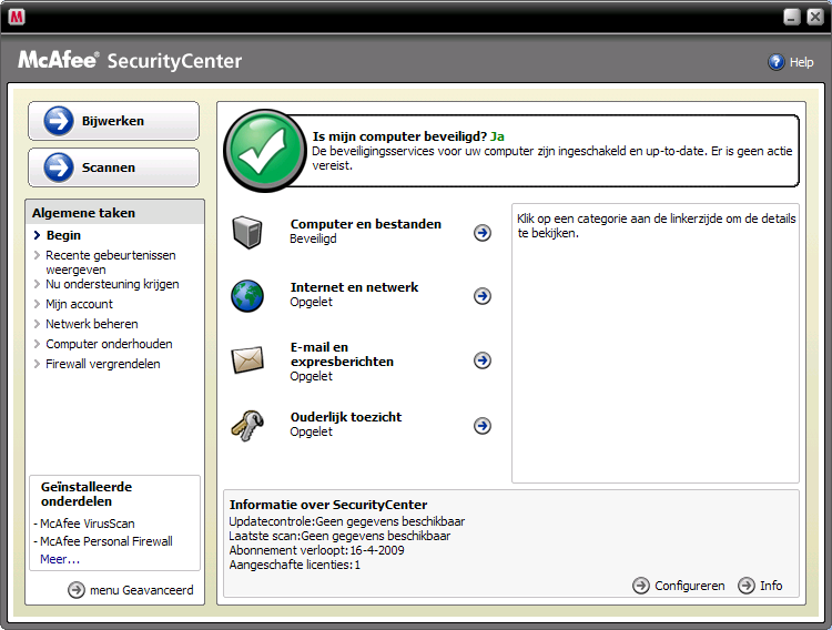 Stap 2: In de Security Center van McAfee kies menu optie menu