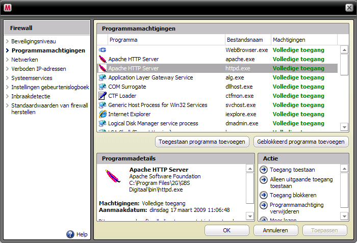 Stap 6: Kies Toegang toestaan voor het volgende Programma (indien aanwezig) Programma: Apache http