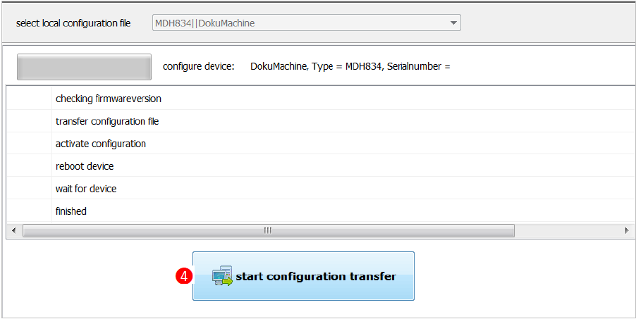 ziet die tweemaal de MDH834). De laatste configuratie file is geselecteerd bij (1) en is gereed voor overdracht naar de router.