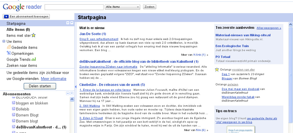 Je krijgt vervolgens nog de keuze of de berichten moeten weergegeven moeten worden op je Google startpagina of in je Google reader. Hier kies je uiteraard voor Google reader.