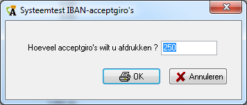 Systeemtest IBAN-acceptgiro s Voordat je gebruik kunt maken van de nieuwe acceptgiro s moeten deze eerst gecontroleerd worden. Hiervoor heeft Assistent de functie Systeemtest IBAN-acceptgiro s.