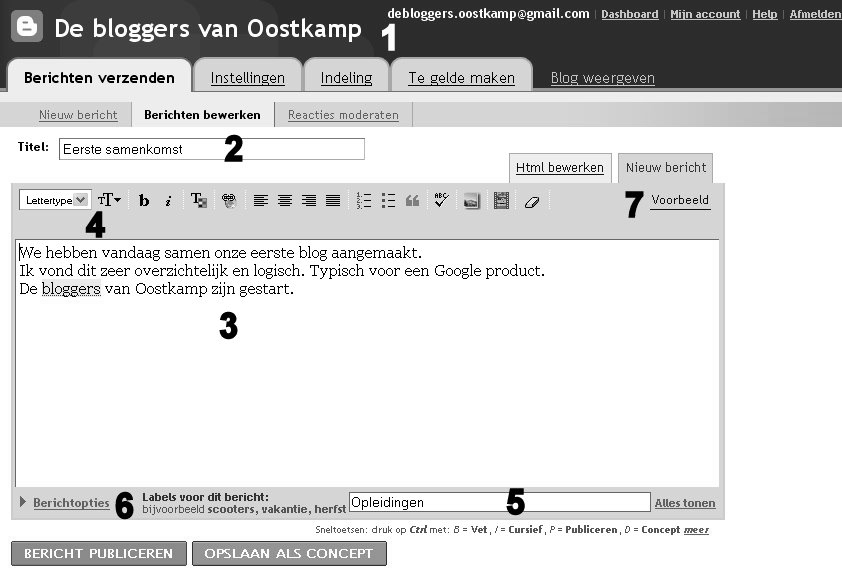 Druk op STARTEN MET BLOGGEN Je blog is nu aangemaakt en nu kan je Bloggen. 5 Een blogbericht en publiceren Je krijgt een scherm wat je toelaat je eerste blogbericht te schrijven. 1.