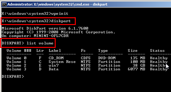 Ga nu eerst met Diskpart na welke driveletter de Windows 7 volume heeft. Vraag dit eerst op met Diskpart.