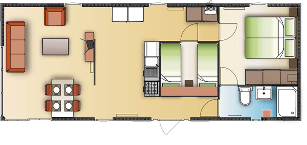 Type Zeeuwse Knoop - Afmeting: 12,5 x 4,50 meter Inclusief veranda met tentdoek Inclusief aparte berging (2,25 x 2,25 meter) met elektra Inclusief luxe keuken met kookplaat, afzuigkap,