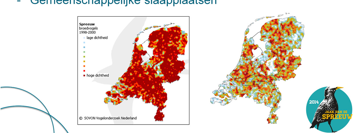 Veranderingskaarten (links) maakten de winst-en verliesrekening per soort inzichtelijk. Nieuw in deze atlas is de relatieve dichtheidskaart (rechts).