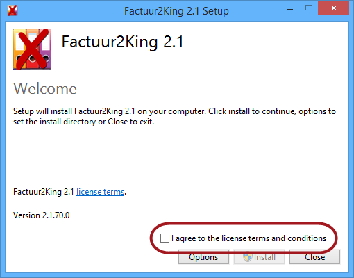 Indien het benodigde besturingssysteem niet kan worden gevonden, dan verschijnt deze Oudere Windows versies dan Windows Vista SP2 worden niet ondersteund voor Factuur2King 2.1 melding.