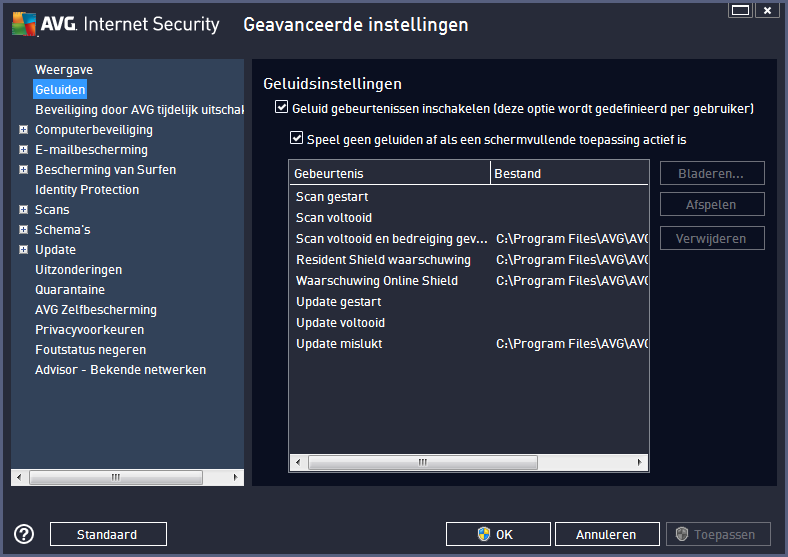 9.2. Geluiden In het dialoogvenster Geluiden kunt u instellen of u via een geluidssignaal in kennis gesteld wilt worden van specifieke acties van AVG Internet Security 2013: De instellingen zijn