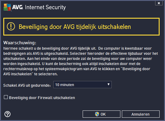aparte optie voor het uitschakelen van het onderdeel Firewall beschikbaar in het dialoogvenster Beveiliging door AVG tijdelijk uitschakelen.