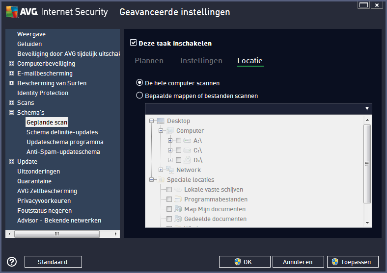 Op het tabblad Locatie kunt u opgeven welke scan moet worden uitgevoerd: een scan van de hele computer of een scan van bepaalde bestanden of mappen.