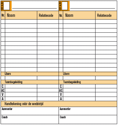 DEEL 5 Wedstrijdformulier 1 VOOR DE WEDSTRIJD De teller moet controleren dat de regels en vakken van de wedstrijd, die wordt gespeeld, juist zijn ingevuld.