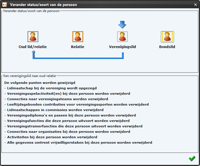 In dit scherm wordt puntsgewijs aangegeven wat de gevolgen zijn wanneer u een verenigingslid de status oud lid/ relatie geeft.