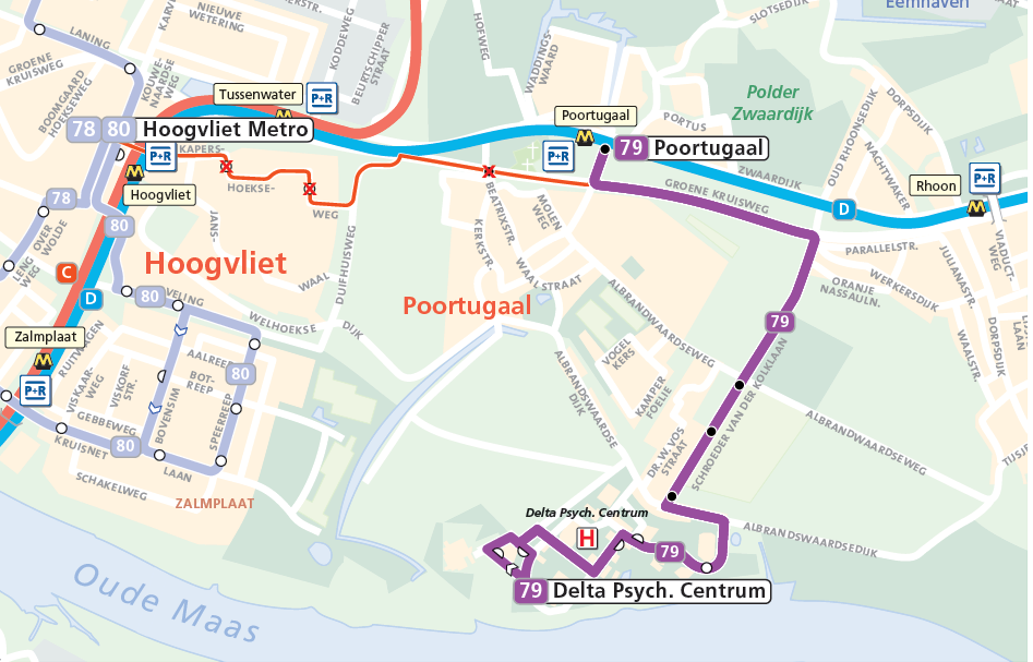 Figuur: route lijn 79 4.10.3 Hoogvliet Zalmplaat Deze lijn verbindt Zalmplaat met het metrostation Hoogvliet en met de Binnenban.