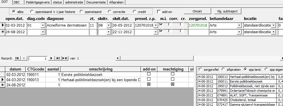 registratiescherm: Rechts onderin beeld ziet u eventueel uw voor gedefinieerde profielen, of de consulten uit de agenda (als u die heeft voor gedefinieerd via basisgegevens->afspraaktypes en/of