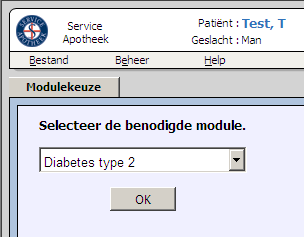 Kies bij modulekeuze voor Diabetes (type 1 of 2). Ziet u figuur 1; maak de keuze voor de Diabetes module en druk rechts onderin het scherm op Opslaan. Ga vervolgens naar 1.5.