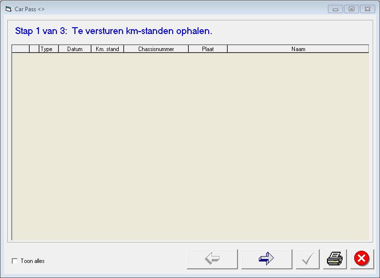 2 WERKING Via het menu menu Diversen/Car-Pass komt u in volgend scherm: In geval het systeem is ingesteld voor een automatische verzending, dienen enkel de correcties nog manueel te gebeuren.