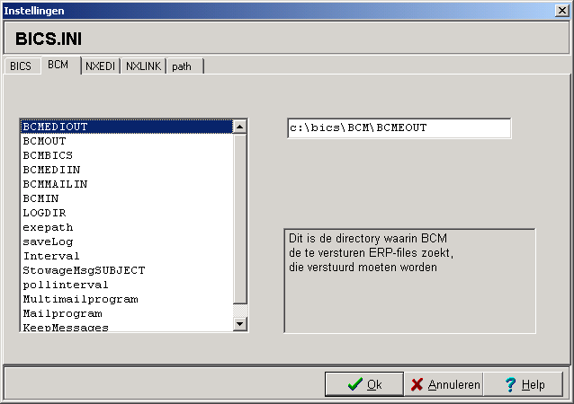BICS Handleiding Walversie 4.01 83 C:\BICS\BCM\BCMOUT Alle uitgaande door de BCM te versturen niet-edifact berichten dienen in deze directory te worden geplaatst.