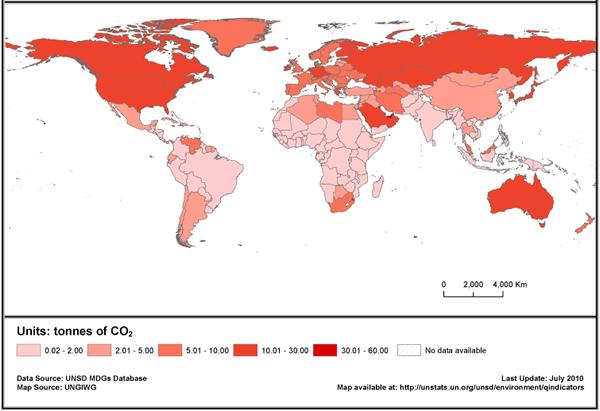 Figuur 3: CO 2 -emissies per Capita in 2007 Bron: UNGIWG Verder toont volgende figuur dat de emissies per capita in de geïndustrialiseerde landen ongeveer tien keer zo groot zijn als de gemiddelde
