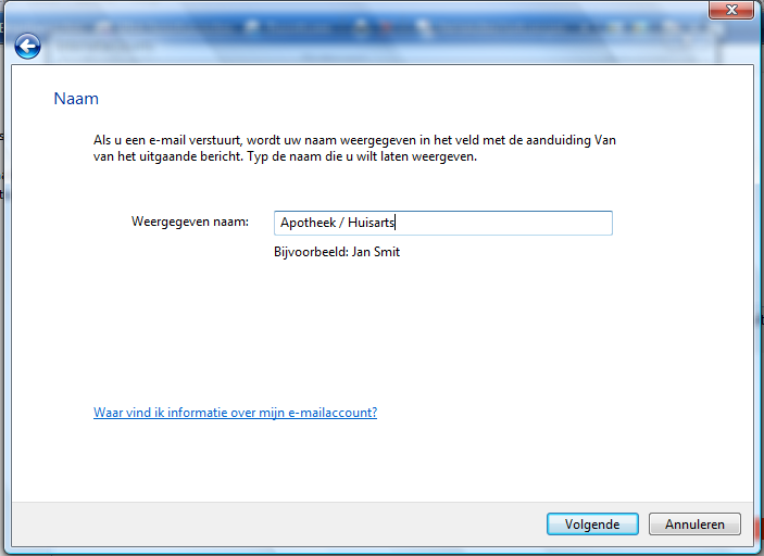 Windows Mail Start Windows Mail Klik op Extra Klik op Accounts Klik op toevoegen, selecteer E-mail en klik op volgende.