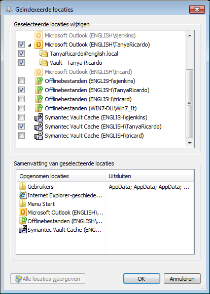 Enterprise Vault installeren Windows Search configureren 19 Virtual Vault Vault Cache 3 Zorg ervoor dat in de lijst Geselecteerde locaties wijzigen de ingang voor uw Virtual Vault is geselecteerd.