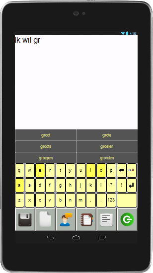 Typemodule Om in dit scherm te komen moet de knop aangeklikt worden in de werkbalk in het basisvocabulaire In de typemodule kunnen berichten worden getypt, die kunnen worden uitgesproken.